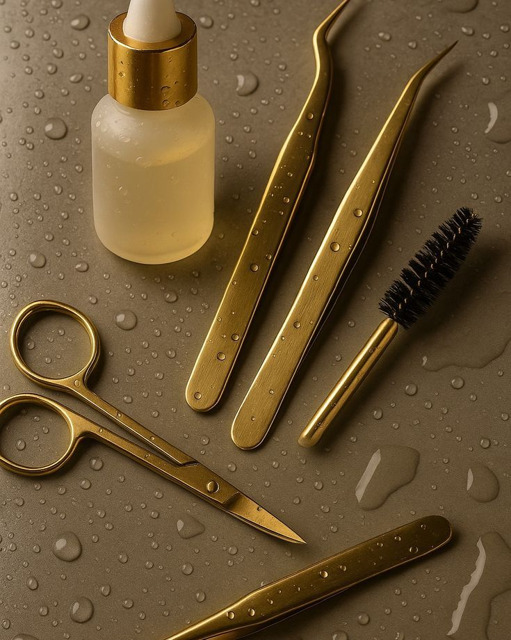 Professional brow grooming tools — tweezers, scissors and spoolie