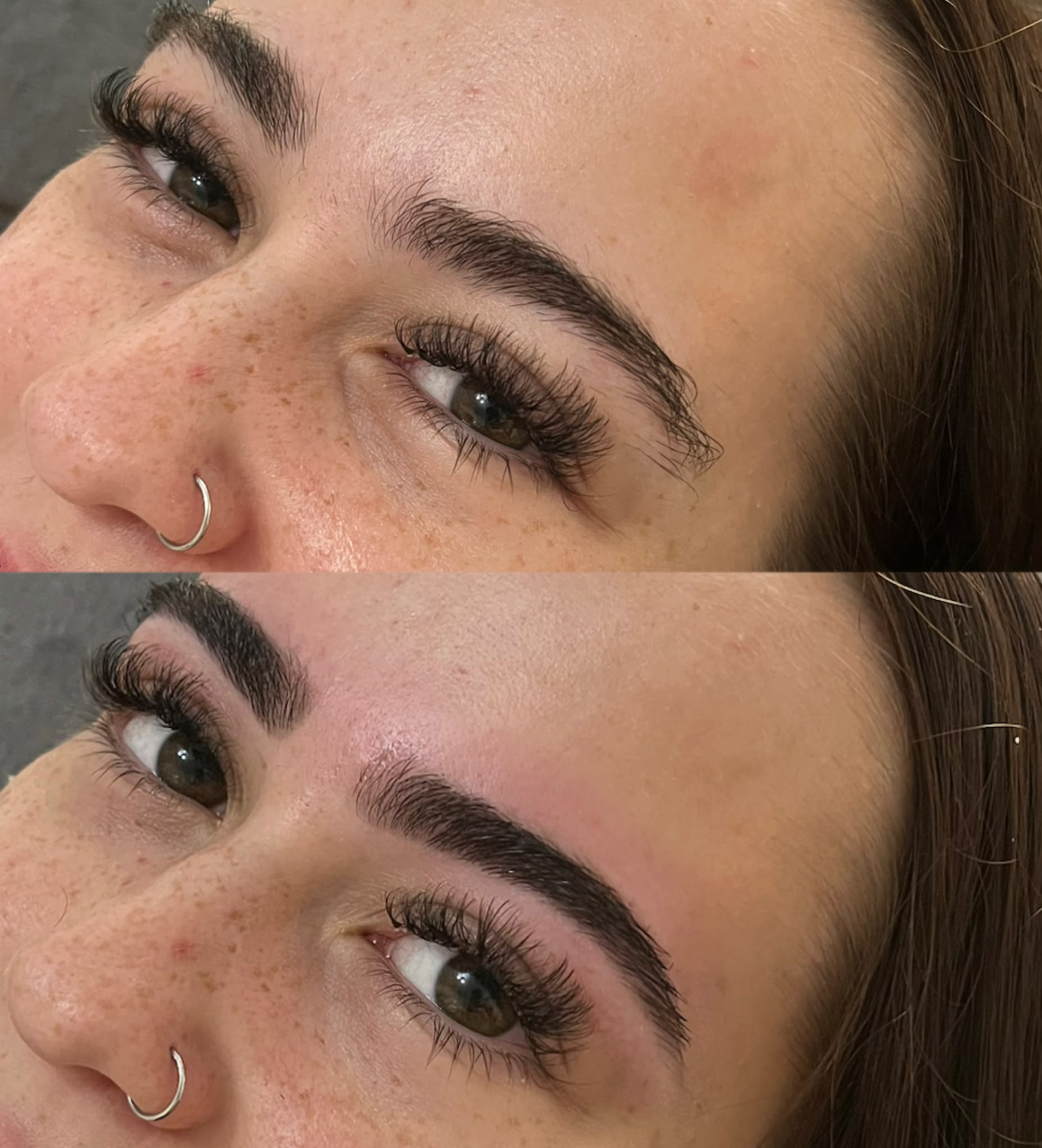 Close-up before and after brow lamination transformation with smooth lifted brow hairs in Milton Keynes